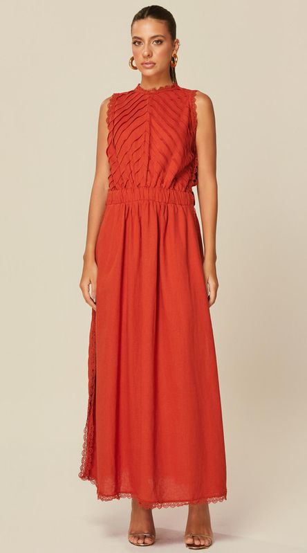 Vestido Midi com Renda em Linho Terracota - LENITA