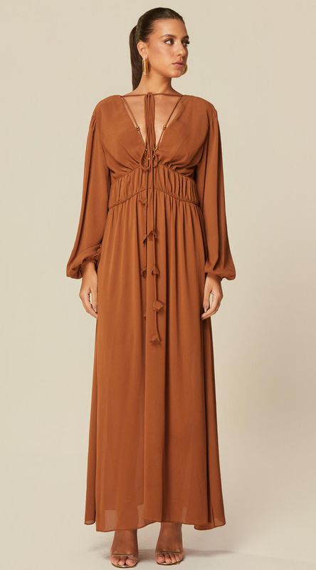 Vestido Midi com Decote V Marrom - LENITA