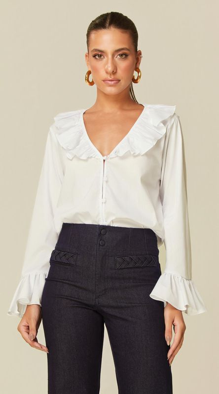 Blusa Manga Longa com Babado Branco - LENITA