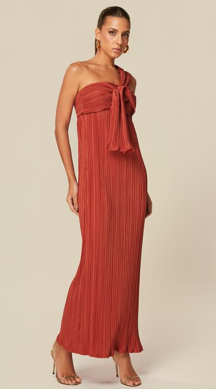 Vestido Midi em Malha Plissada Terracota - LENITA