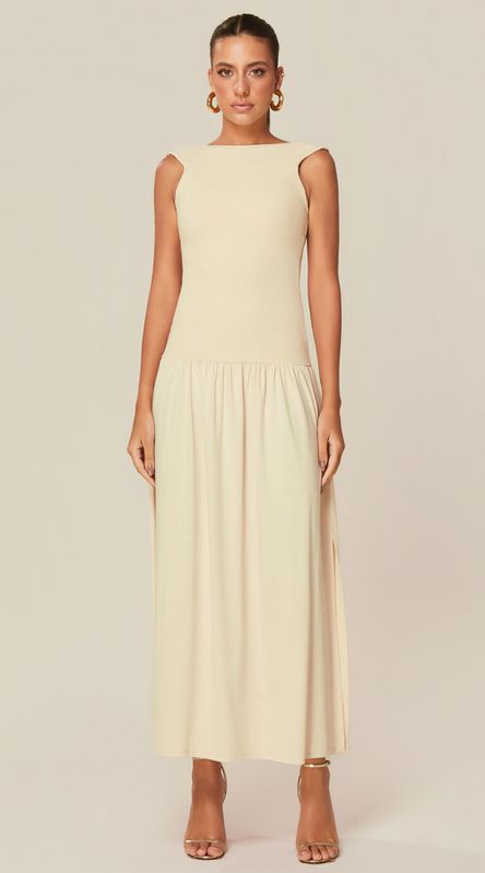 Vestido Longo com Decote Alto em Malha Off - LENITA