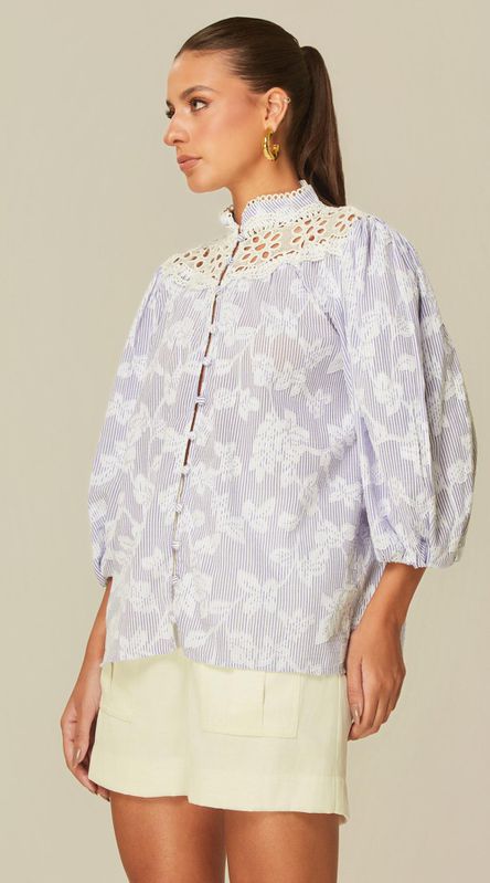 Camisa Manga Longa em Jacquard Azul - LENITA