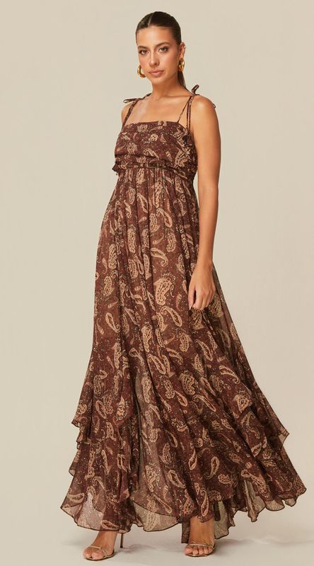 Vestido Longo de Alças Finas Estampado Marrom - LENITA