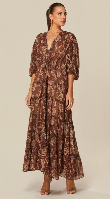 Vestido Midi com Mangas 3/4 Estampado Marrom - LENITA