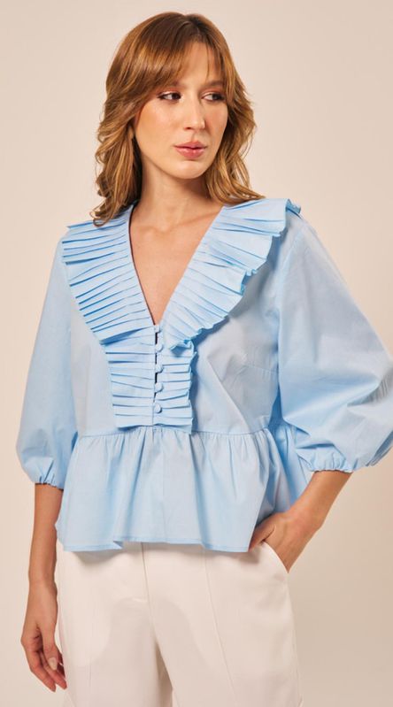 Blusa Manga Balonê Azul Claro - LENITA