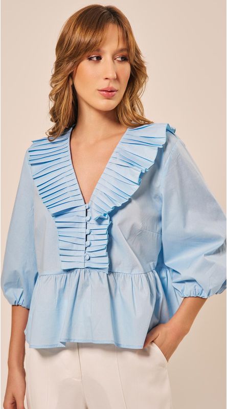 Blusa Manga Balonê Azul Claro - LENITA