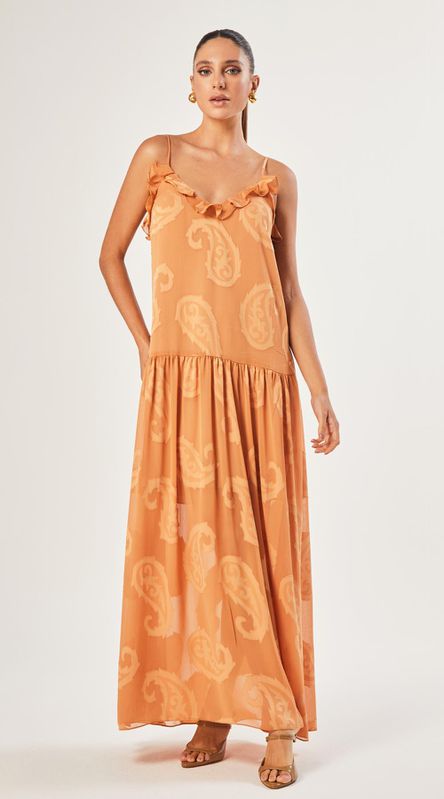 Vestido Longo de Alça Paisley Bege - LENITA