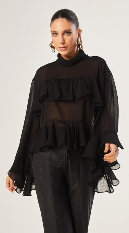 Blusa Manga Ampla com Babados Preto - LENITA