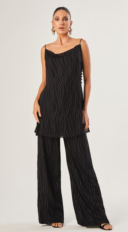 Conjunto de Blusa e Calça Metallic Stripes Preto - LENITA