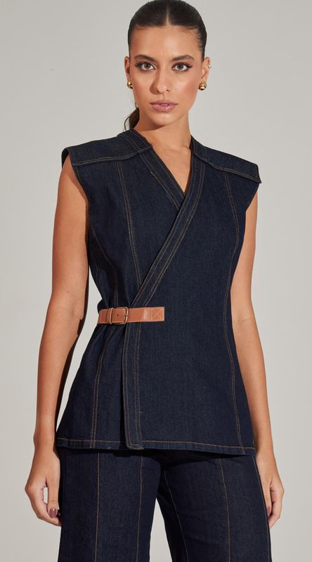 Blusa Jeans Transpassada Com Couro - LENITA