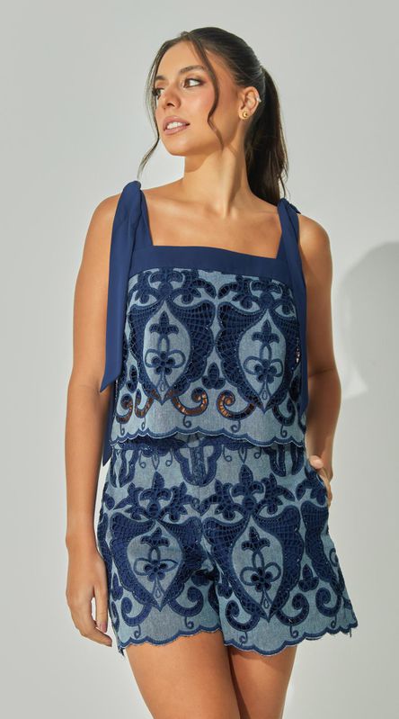 Blusa Guipir Denim com Laços - LENITA