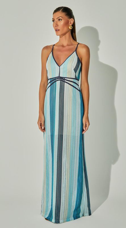 Vestido Longo de Alça em Tricot Azul - LENITA