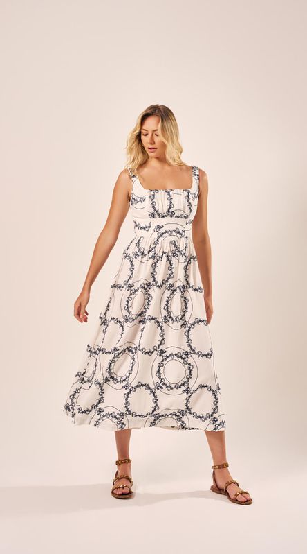 Vestido Midi Linho Bordados Off White - LENITA