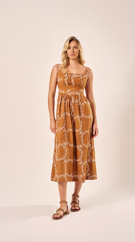 Vestido Midi Linho Bordados Castanho - LENITA