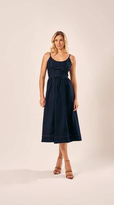 Vestido Midi Saia Franzida Jeans - LENITA