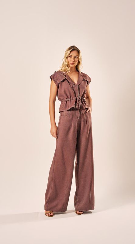 Calça Pantalona Com Pregas Chocolate - LENITA