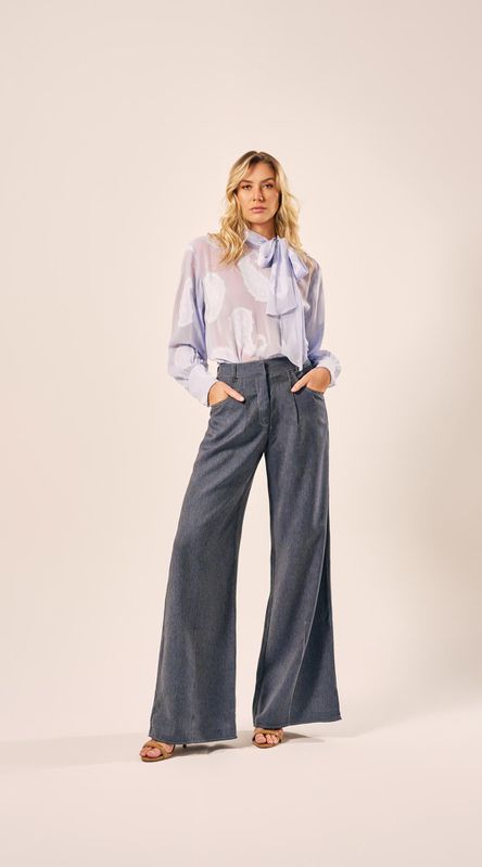 Calça Pantalona Com Pregas Marinho - LENITA