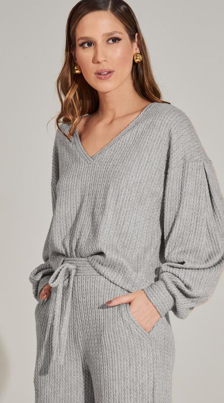 Blusa de Tricot com Manga Longa Cinza - LENITA