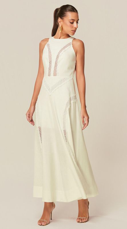 Vestido Midi com Renda em Linho Off - LENITA