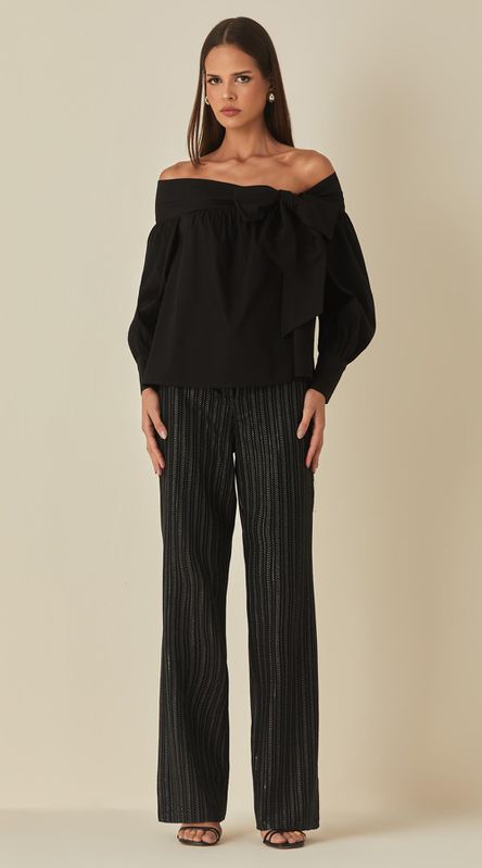 Calça Em Linho Bordado Preto - LENITA