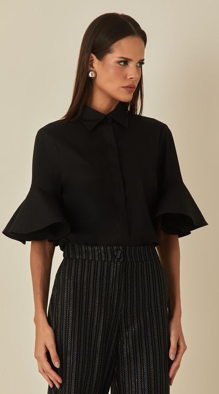 Camisa Manga Godê em Tricoline Preto - LENITA