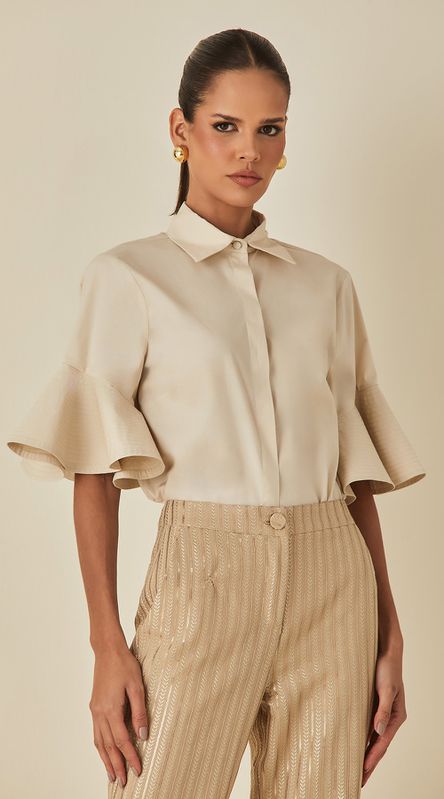 Camisa Manga Godê em Tricoline Marfim - LENITA