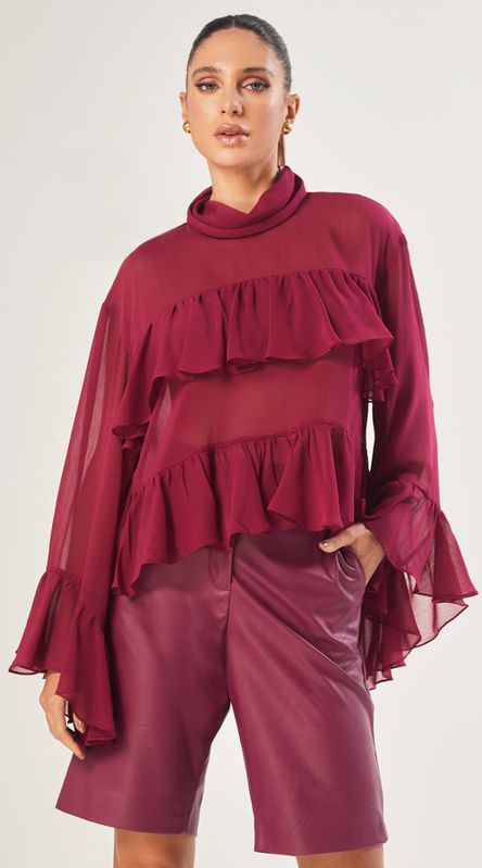 Blusa Manga Ampla com Babados Cereja - LENITA