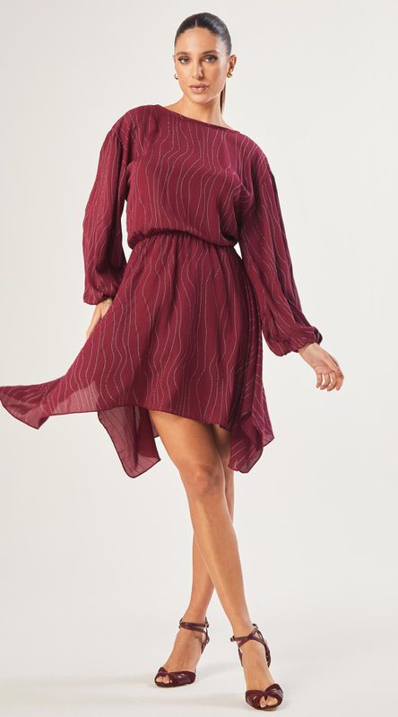 Vestido Mini com Mangas Metallic Stripes Cereja - LENITA