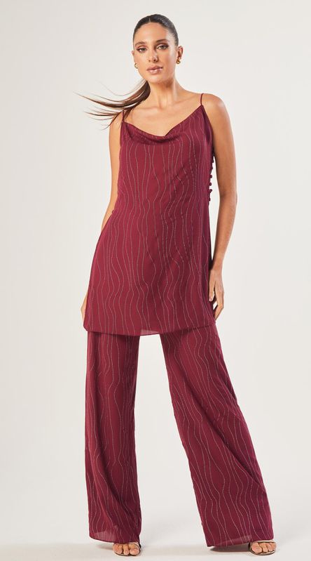 Conjunto de Blusa e Calça Metallic Stripes Cereja - LENITA