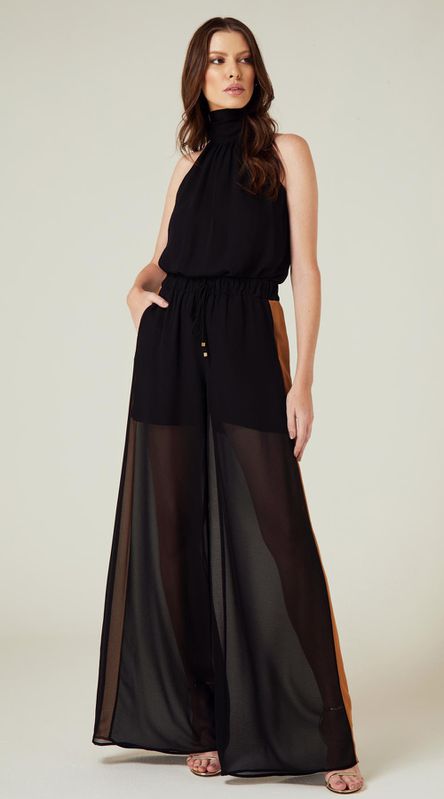 Calça Pantalona com Faixa Lateral Preto - LENITA