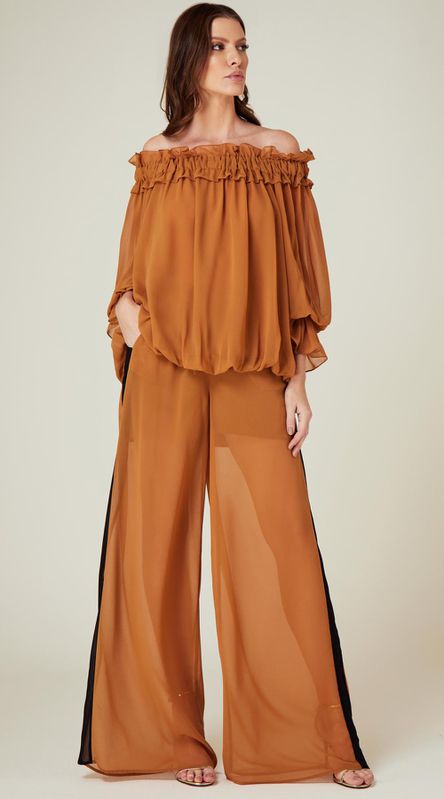 Calça Pantalona com Faixa Lateral Caramelo - LENITA