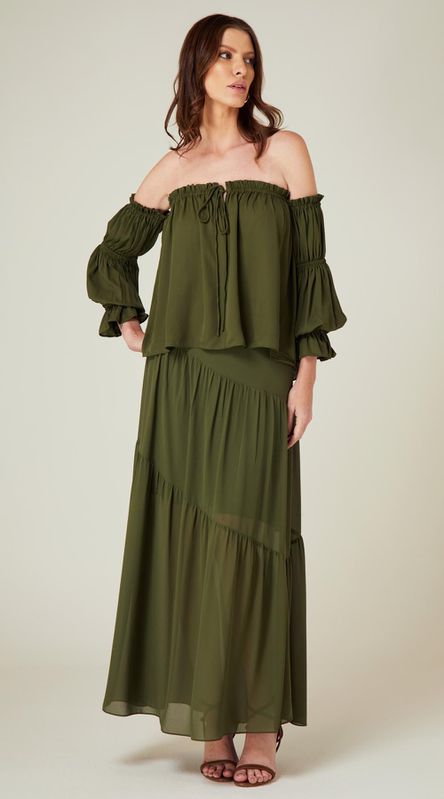 Blusa Ombro a Ombro com Manga Longa Verde Pesto - LENITA