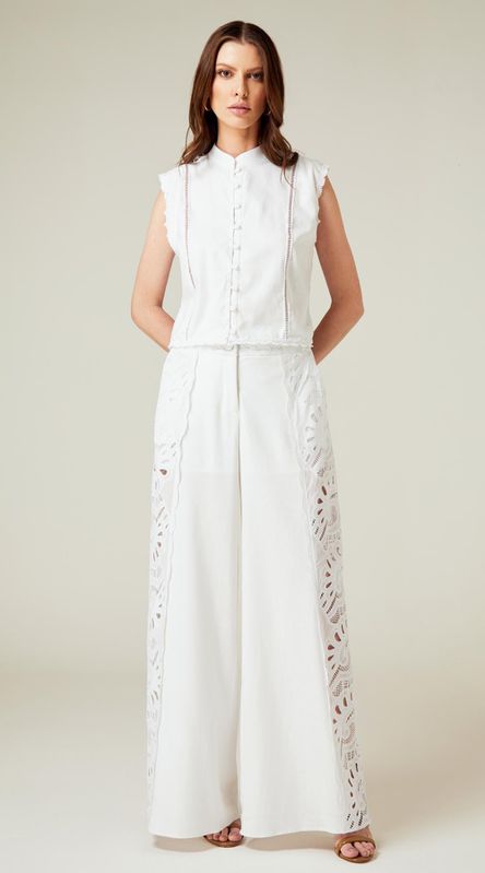 Calça Pantalona com Guipir Branco - LENITA