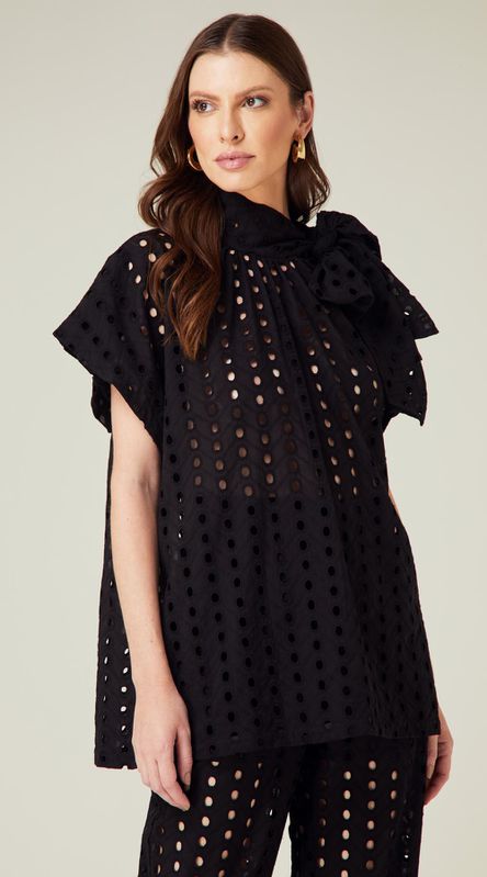 Blusa Ampla Laise com Laço Preto - LENITA