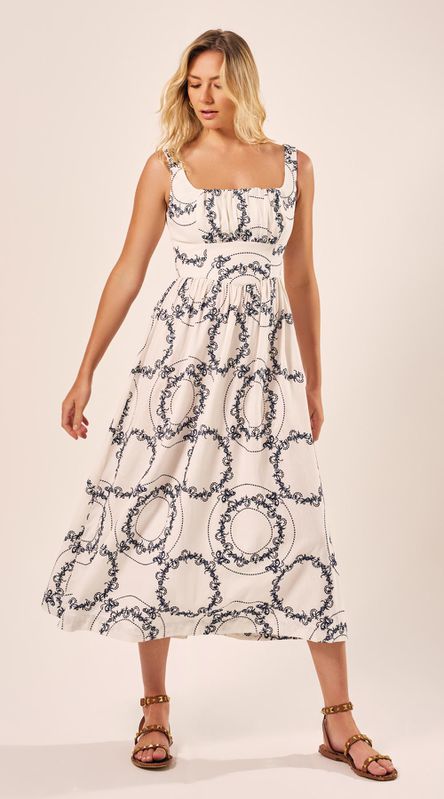Vestido Midi Linho Bordados Off White - LENITA