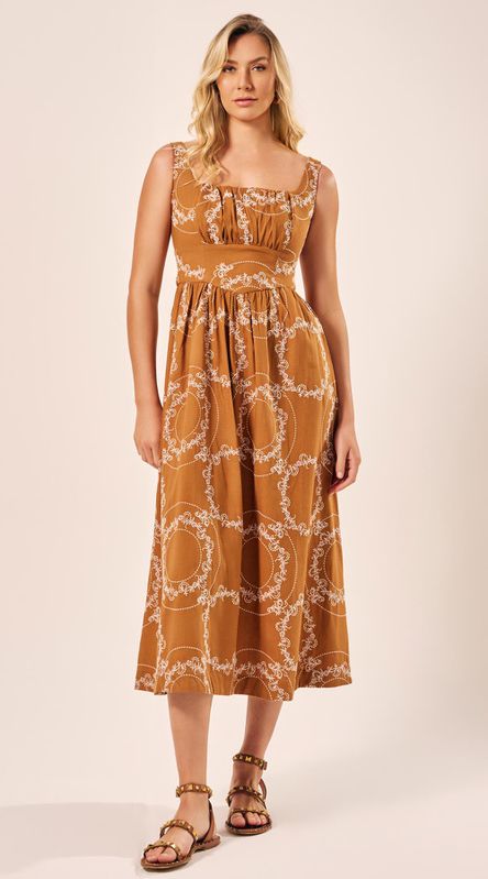 Vestido Midi Linho Bordados Castanho - LENITA
