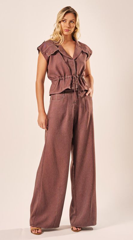 Calça Pantalona Com Pregas Chocolate - LENITA