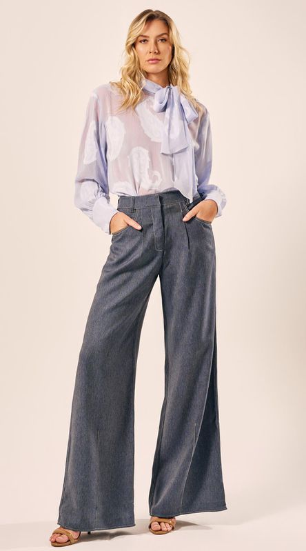 Calça Pantalona Com Pregas Marinho - LENITA
