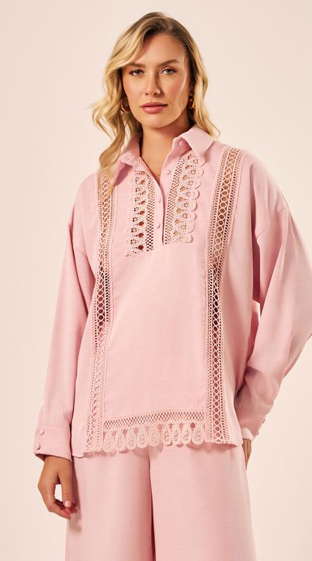 Camisa Rendas Viscolinho Rosa Claro - LENITA