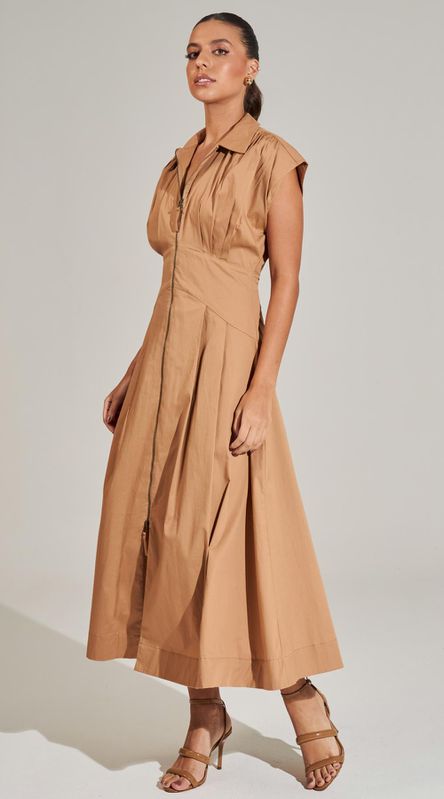Vestido Midi Tricoline com Ziper Capuccino - LENITA
