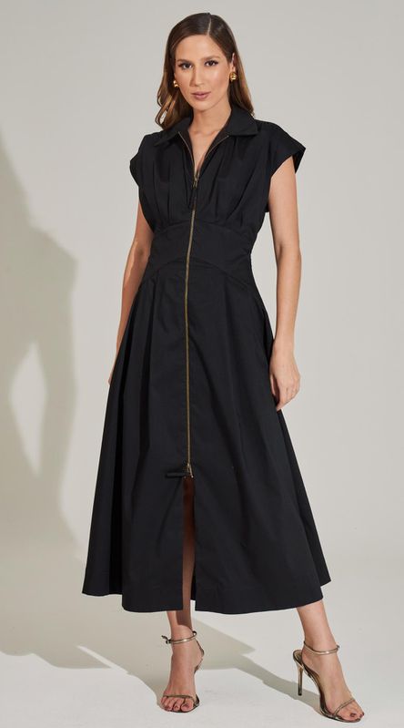 Vestido Midi Tricoline com Ziper Preto - LENITA