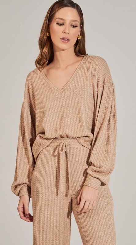 Blusa de Tricot com Manga Longa Bege - LENITA