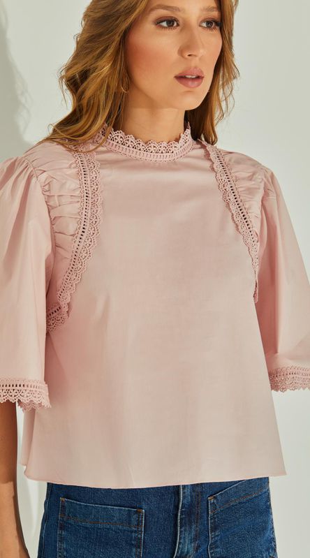 Blusa Tricoline Com Renda - LENITA
