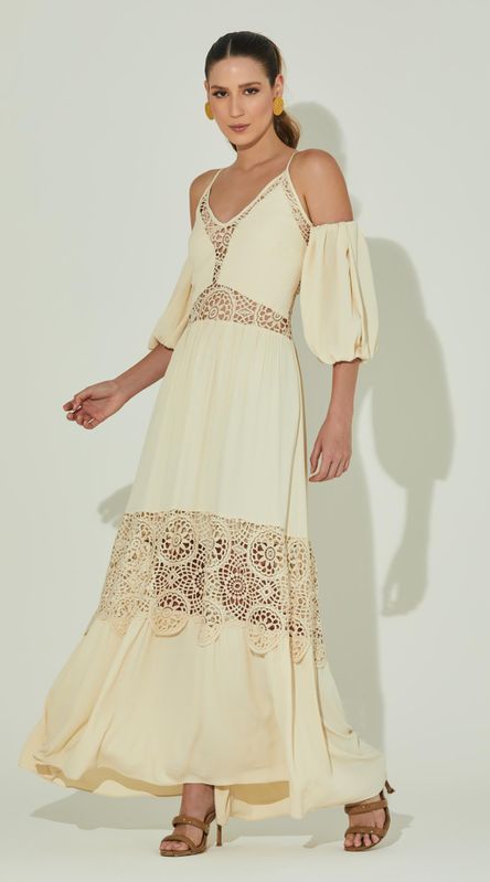 Vestido Midi Guipir com Mangas - LENITA