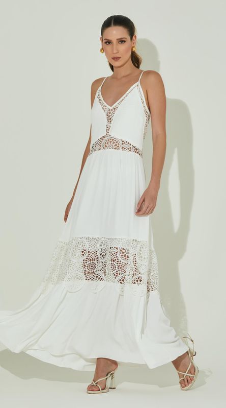 Vestido Midi Guipir com Mangas - LENITA