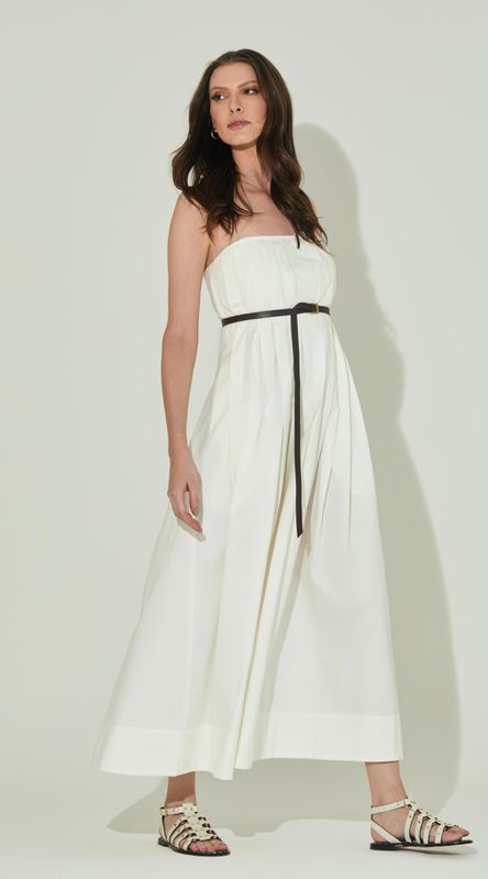 Vestido Midi com Pregas e Cinto Off White - LENITA