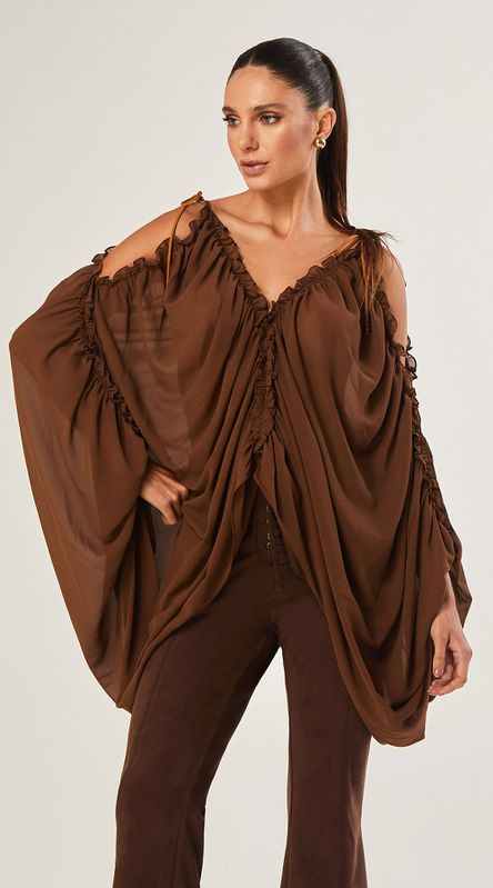 Blusa Ampla Com Babados e Couro - LENITA