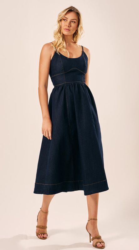 Vestido Midi Saia Franzida Jeans - LENITA