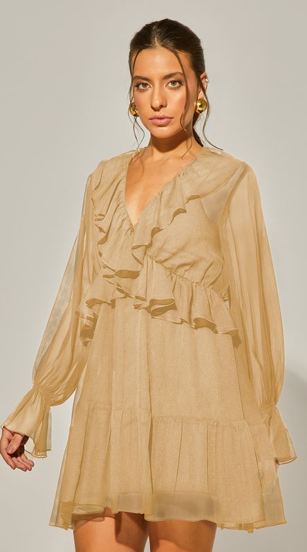Vestido Curto com Mangas e Babados - AMARELO - LENITA