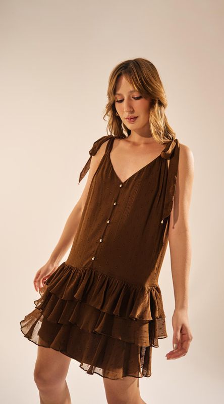 Vestido Curto com Babados Marrom - LENITA